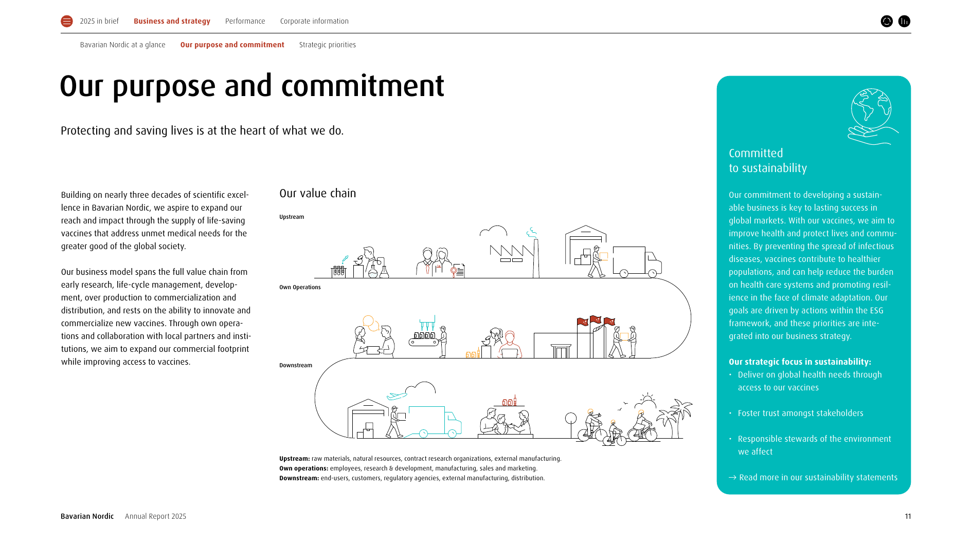 Bavarian Nordic value chain by activity — upstream: raw materials, natural resources, contract research organizations, external manufacturing; own operations: employees, research & development, manufacturing, sales and marketing; downstream: end-users, customers, regulatory agencies, external manufacturing, distribution